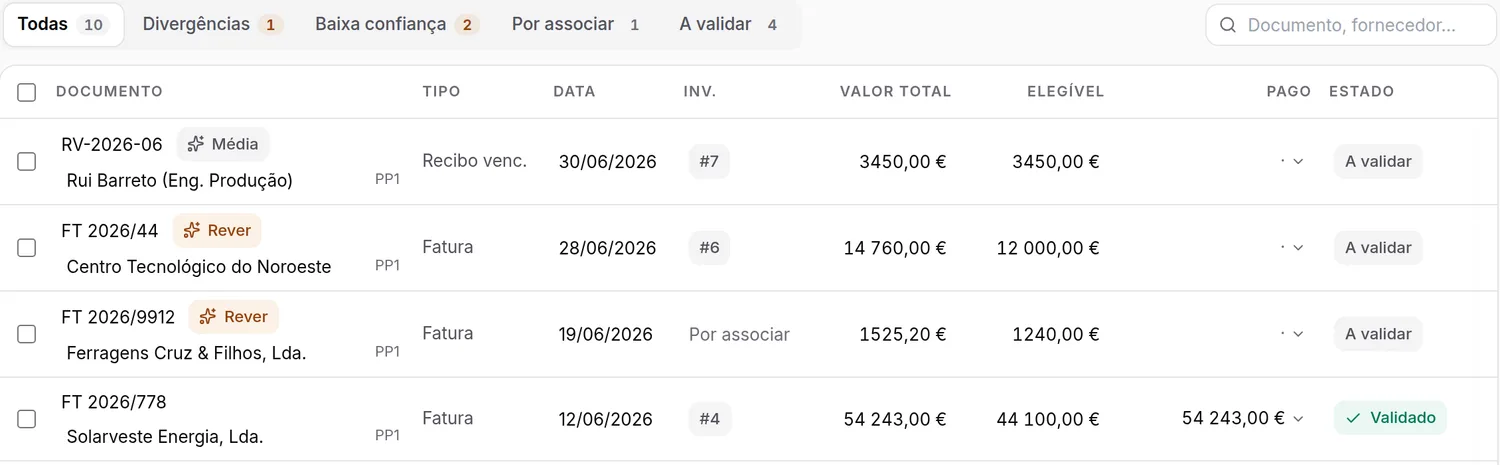 Tabela de movimentos de execução com filtros por divergências, baixa confiança e por validar.